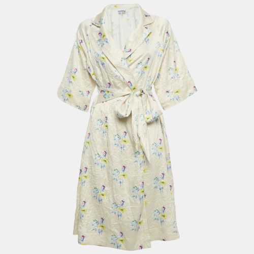 Ganni Cream Floral Print Satin Crinkled Wrap Dress M - Ganni - Modalova