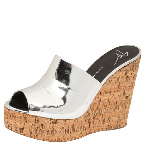 Giuseppe Zanotti Metallic Silver Leather Roz Cork Wedge Platform Slide Sandals Size 40 - Giuseppe Zanotti - Modalova