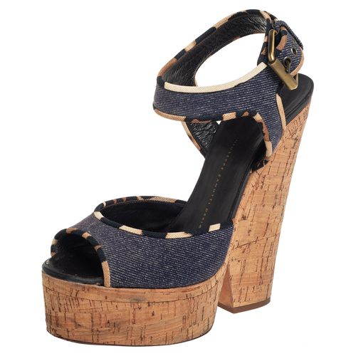 Giuseppe Zanotti Dark Wash Denim Cork Heel Platform Ankle Strap Sandals Size 39 - Giuseppe Zanotti - Modalova