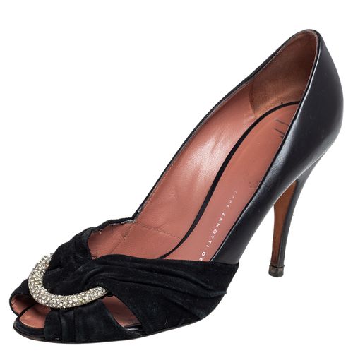 Giuseppe Zanotti Black Leather and Suede Crystal Embellished Peep Toe Pumps Size 37.5 - Giuseppe Zanotti - Modalova