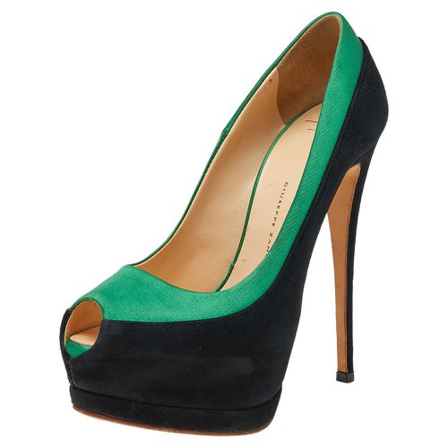 Giuseppe Zanotti Black/Green Satin and Suede Peep Toe Platform Pumps Size 36 - Giuseppe Zanotti - Modalova