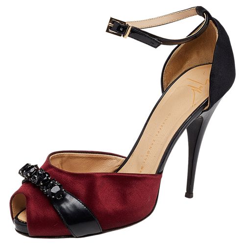 Giuseppe Zanotti Black/Burgundy Satin And Leather Slingback Sandals Size 38 - Giuseppe Zanotti - Modalova