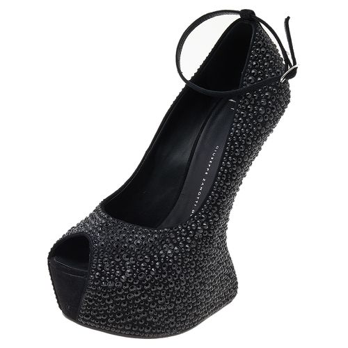 Giuseppe Zanotti Black Crystal Embellished Suede Heelless Peep Toe Platform Pumps Size 40.5 - Giuseppe Zanotti - Modalova