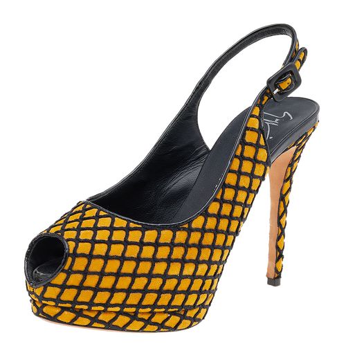 Giuseppe Zanotti Yellow/Black Suede And Fabric Platform Peep Toe Slingback Sandals Size 38.5 - Giuseppe Zanotti - Modalova