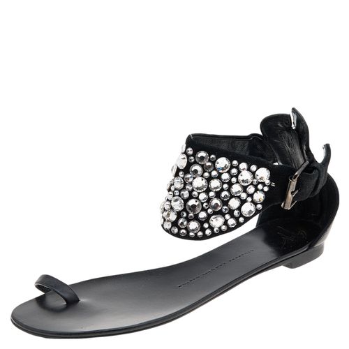 Giuseppe Zanotti Black Satin And Leather Embellished Ankle Wrap Flat Sandals Size 37 - Giuseppe Zanotti - Modalova