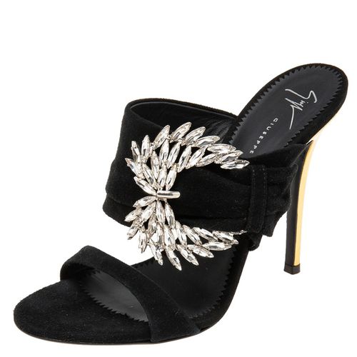 Giuseppe Zanotti Black Suede Crystal Embellished Wing Buckle Slide Sandals Size 37.5 - Giuseppe Zanotti - Modalova