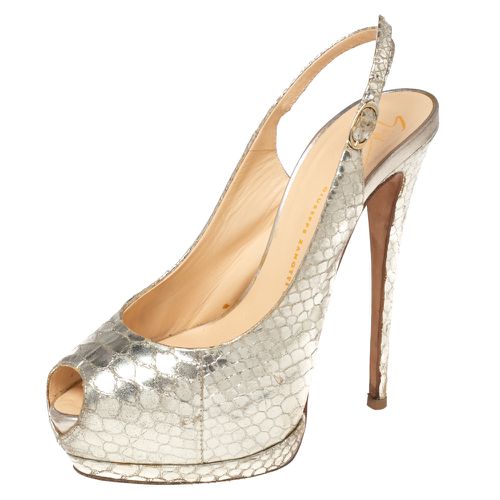 Giuseppe Zanotti Gold Python Embossed Leather Peep-Toe Slingback Pumps Size 38 - Giuseppe Zanotti - Modalova