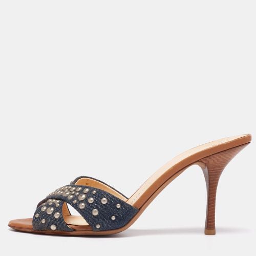 Giuseppe Zanotti Blue Denim and Tan Leather Studded Slide Sandals Size 40 - Giuseppe Zanotti - Modalova