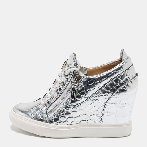 Giuseppe Zanotti Silver Croc Embossed Leather Double Zip Wedge Sneakers Size 37 - Giuseppe Zanotti - Modalova