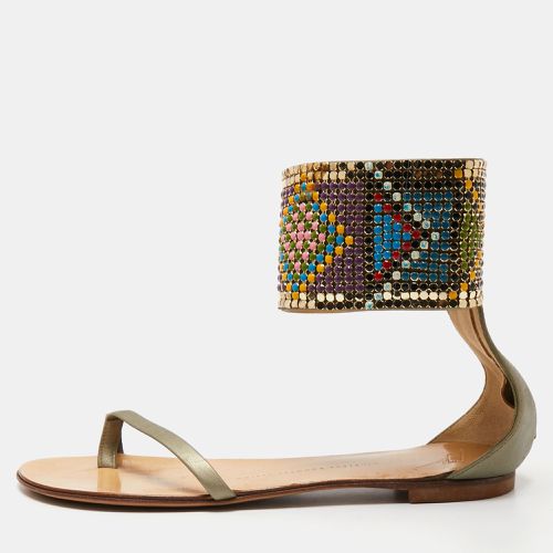 Giuseppe Zanotti Green Leather Embellished Ankle Wrap Flat Sandals Size 38.5 - Giuseppe Zanotti - Modalova