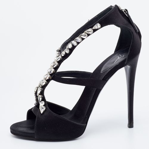 Giuseppe Zanotti Black Satin Crystal Embellished Strappy Sandals Size 37.5 - Giuseppe Zanotti - Modalova