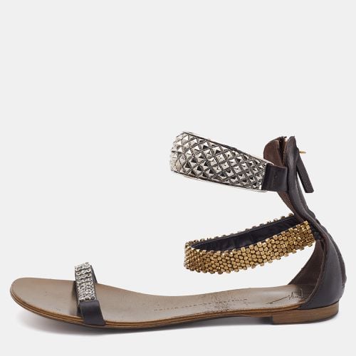 Giuseppe Zanotti Dark Brown Leather Embellished Ankle Strap Flats Size 38 - Giuseppe Zanotti - Modalova