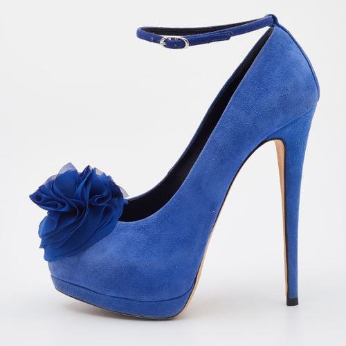 Giuseppe Zanotti Blue Suede Flower Applique Peep Toe Platform Ankle Strap Pumps Size 37 - Giuseppe Zanotti - Modalova