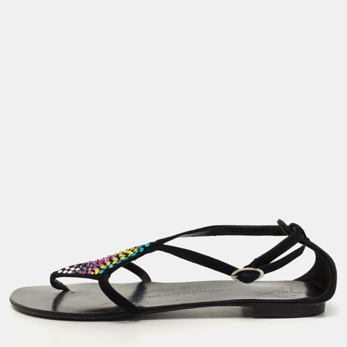 Giuseppe Zanotti Black Suede Crystal Embellished Thong Flat Sandals Size 36 - Giuseppe Zanotti - Modalova