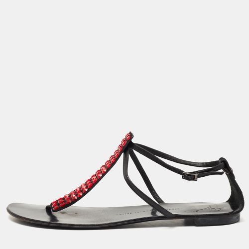 Giuseppe Zanotti Black Suede and Leather Crystal Embellished T-Strap Flat Sandals Size 40 - Giuseppe Zanotti - Modalova