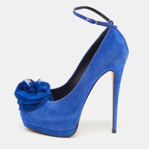 Giuseppe Zanotti Blue Suede Flower Applique Peep Toe Platform Ankle Strap Pumps Size 39 - Giuseppe Zanotti - Modalova