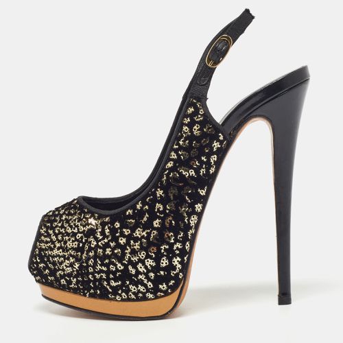 Guiseppe Zannotti Black/Gold Sequins and Velvet Peep Toe Slingback Platform Sandals Size 37 - Giuseppe Zanotti - Modalova