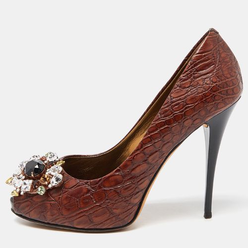 Giuseppe Zanotti Brown Croc Embossed Leather Crystal Embellished Peep Toe Pumps Size 37 - Giuseppe Zanotti - Modalova