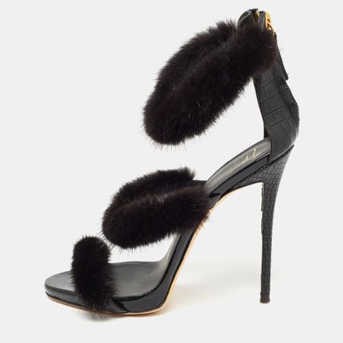 Giuseppe Zanotti Black Croc Embossed and Fur Harmony Ankle Strap Sandals Size 38 - Giuseppe Zanotti - Modalova