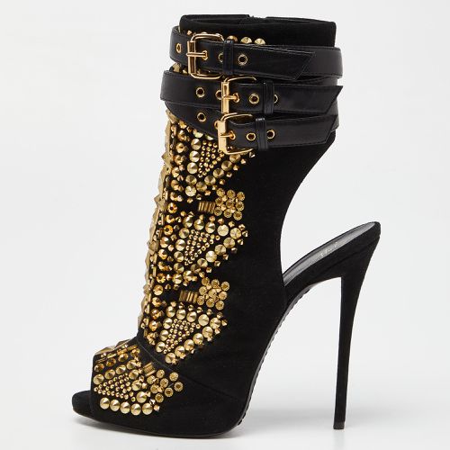 Giuseppe Zanotti Black Suede and Leather Studded Cutout Peep Toe Ankle Boots Size 37 - Giuseppe Zanotti - Modalova