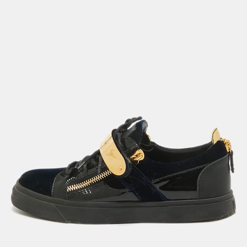 Giuseppe Zanotti Blue/Black Velvet And Patent Leather Double Zipper Low Top Sneakers Size 42 - Giuseppe Zanotti - Modalova