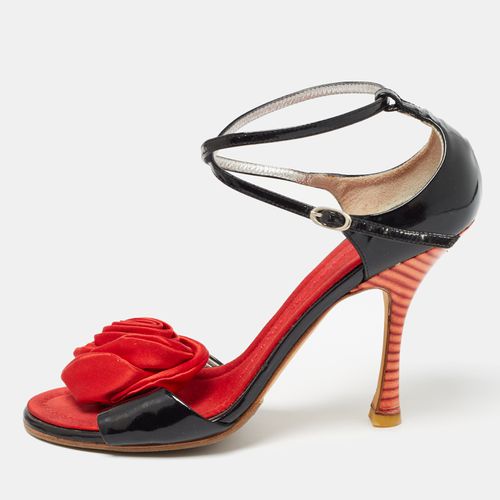 Giuseppe Zanotti Black/Red Patent Leather and Satin Rose Applique Sandals Size 37.5 - Giuseppe Zanotti - Modalova