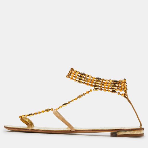 Giuseppe Zanotti Beige/Gold Leather Crystal Embellished Chain Thong Flat Sandals Size 38.5 - Giuseppe Zanotti - Modalova