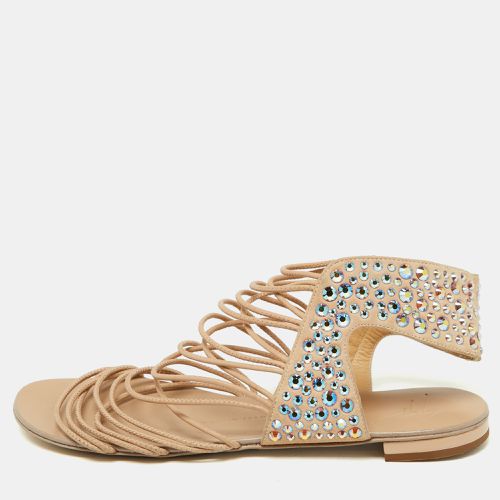 Giuseppe Zanotti Beige Suede Crystal Embellished Strappy Flat Sandals Size 38.5 - Giuseppe Zanotti - Modalova