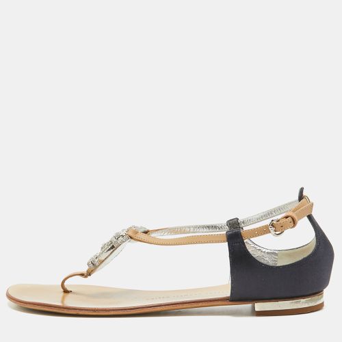 Giuseppe Zanotti Brown/Navy Blue Leather and Satin Ankle Strap Sandals Size 39.5 - Giuseppe Zanotti - Modalova