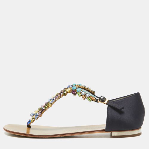 Giuseppe Zanotti Navy Blue Satin Crystal Embellished T-Strap Flat Sandals Size 40 - Giuseppe Zanotti - Modalova