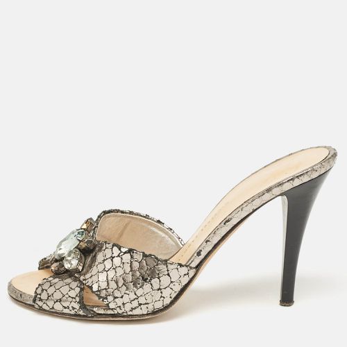 Giuseppe Zanotti Metallic Grey Textured Suede Crystal Embellished Slide Sandals Size 35.5 - Giuseppe Zanotti - Modalova