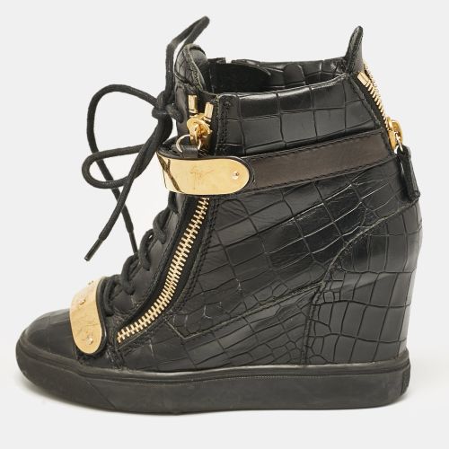 Giuseppe Zanotti Black Croc Embossed Leather Lorenze Wedge Sneakers Size 37 - Giuseppe Zanotti - Modalova