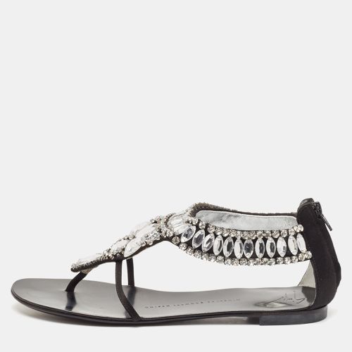 Giuseppe Zanotti Black Satin Crystal Embellished Ankle Strap Flat Sandals Size 36.5 - Giuseppe Zanotti - Modalova