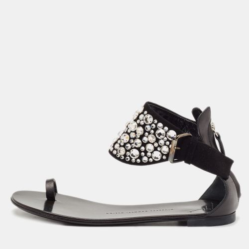 Giuseppe Zanotti Black Suede and Leather Crystal Embellished Ankle Wrap Flat Sandals Size 36 - Giuseppe Zanotti - Modalova