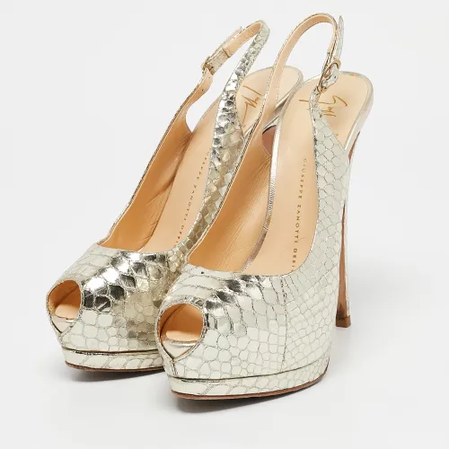 Python Embossed Leather Peep Toe Slingback Sandals Size 37.5 - Giuseppe Zanotti - Modalova