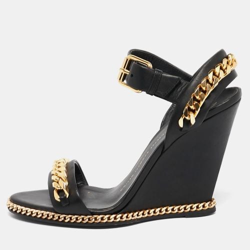 Giuseppe Zanotti Black Leather Chain Link Detail Wedge Ankle Strap Sandals Size 38 - Giuseppe Zanotti - Modalova