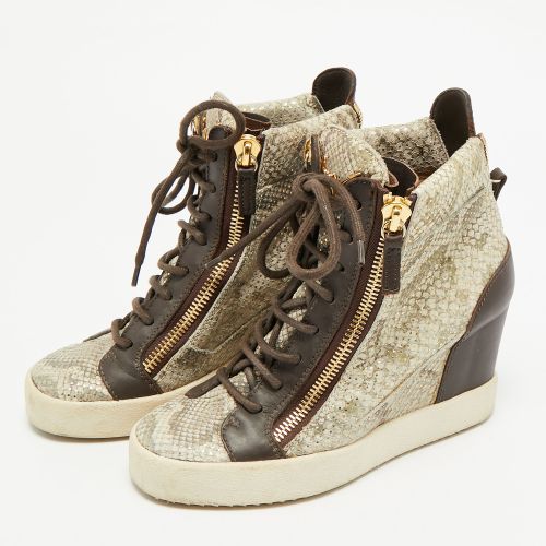 Size 38 /Grey Leather and Python Embossed Leather Wedge Sneakers - Giuseppe Zanotti - Modalova