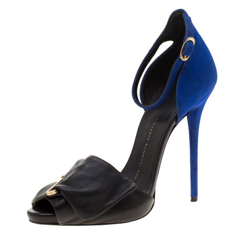 Giuseppe Zanotti Black Leather And Blue Suede Safety Pin Ankle Strap Sandals Size 37 - Giuseppe Zanotti - Modalova