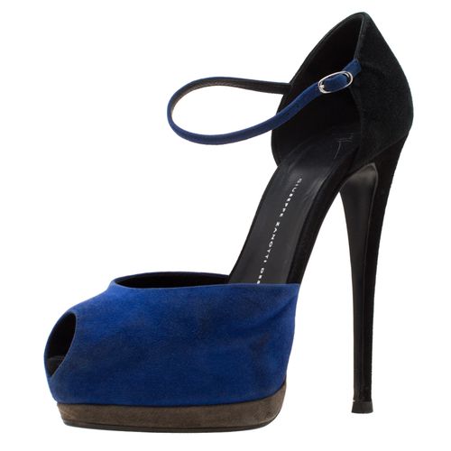 Giuseppe Zanotti Blue/Black Suede Peep Toe Ankle Strap Platform Sandals Size 39 - Giuseppe Zanotti - Modalova