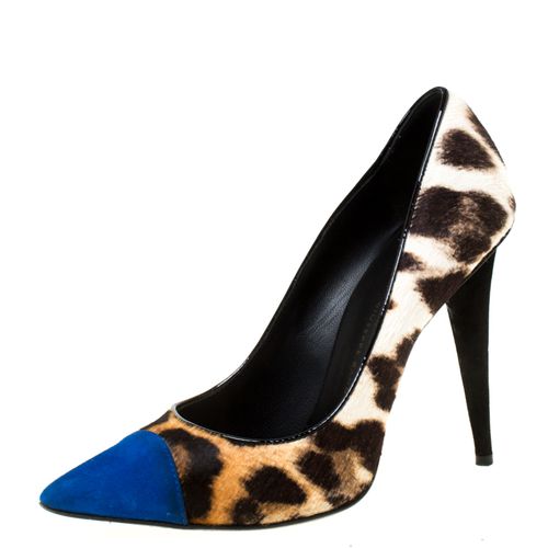 Giuseppe Zanotti Multicolor Leopard Print Pony hair And Blue Suede Pointed Toe Pumps Size 37.5 - Giuseppe Zanotti - Modalova