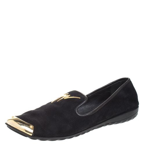 Giuseppe Zanotti Black Suede Gold-Tone Cap Toe Logo Embellished Smoking Slippers Size 36 - Giuseppe Zanotti - Modalova