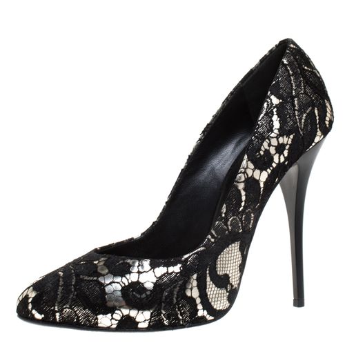 Giuseppe Zanotti Silver Metallic Leather and Black Lace Pumps Size 38 - Giuseppe Zanotti - Modalova