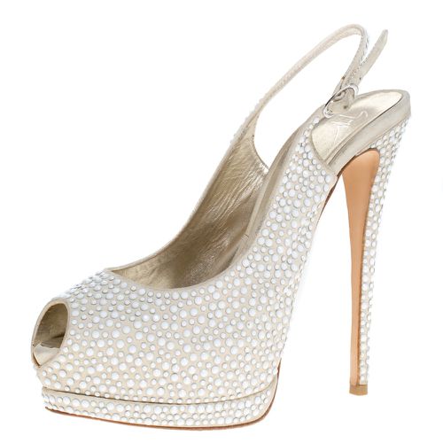 Giuseppe Zanotti Beige Suede Crystal Embellished Peep Toe Platform Slingback Sandals Size 40 - Giuseppe Zanotti - Modalova