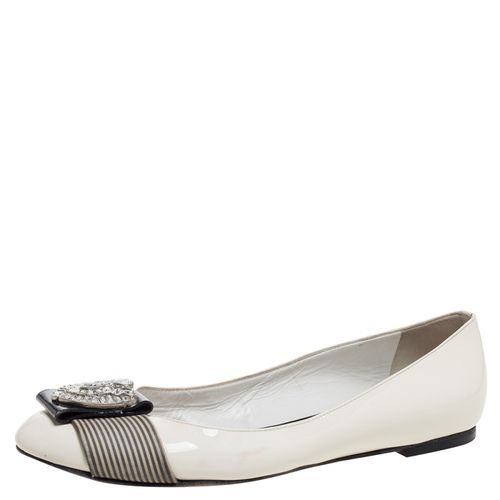 Giuseppe Zanotti White Patent Leather And Striped Fabric Crystal Embellished Ballet Flats Size 38 - Giuseppe Zanotti - Modalova