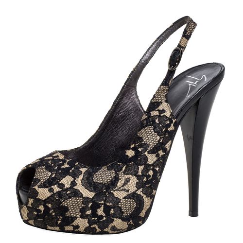 Giuseppe Zanotti Black Lace Peep Toe Slingback Sandals Size 38 - Giuseppe Zanotti - Modalova