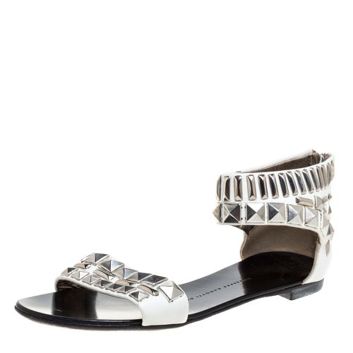 Giuseppe Zanotti White Leather Studded Ankle Cuff Zipper Flats Size 36 - Giuseppe Zanotti - Modalova