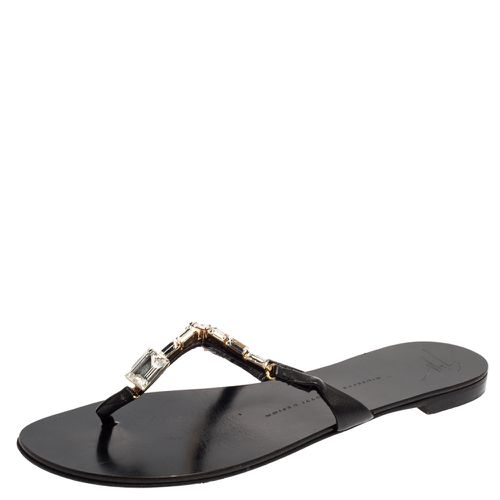 Giuseppe Zanotti Black Leather Jewel Embellished Thong Flat Sandals Size 38 - Giuseppe Zanotti - Modalova