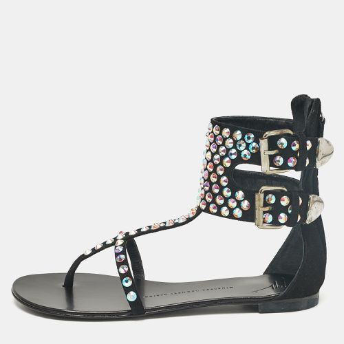 Giuseppe Zanotti Black Suede Crystal Embellished Thong Ankle Cuff Flat Sandals Size 37 - Giuseppe Zanotti - Modalova