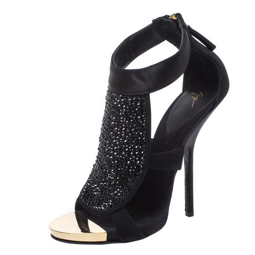 Giuseppe Zanotti Black Satin and Suede Crystal Embellished Ankle Strap Sandals Size 38 - Giuseppe Zanotti - Modalova