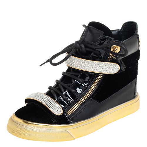 Giuseppe Zanotti Black Patent Leather and Velvet Crystal Strap High Top Sneakers Size 35 - Giuseppe Zanotti - Modalova